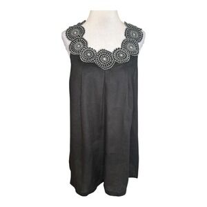 Neiman Marcus Black Linen‎ Top White Embroidered Neckline Sleeveless Medium NWT